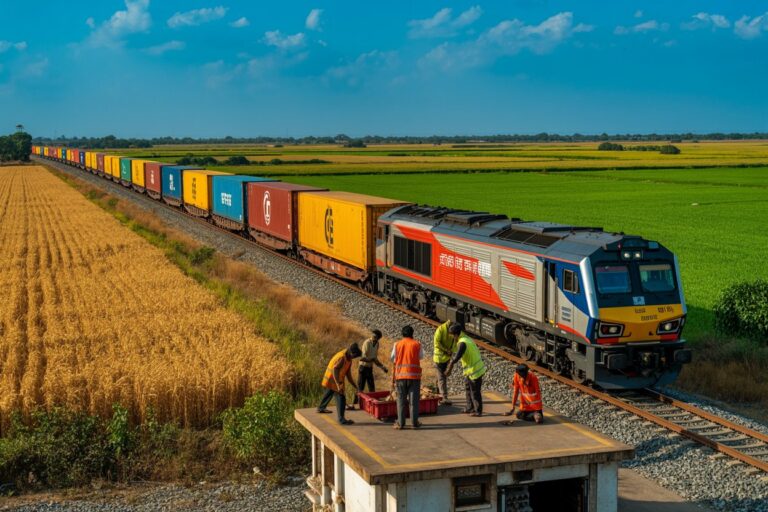 Long freight train with multicolored shipping containers winds through rural fields under a blue sky, as a small crew in safety vests works on a platform beside the tracks.