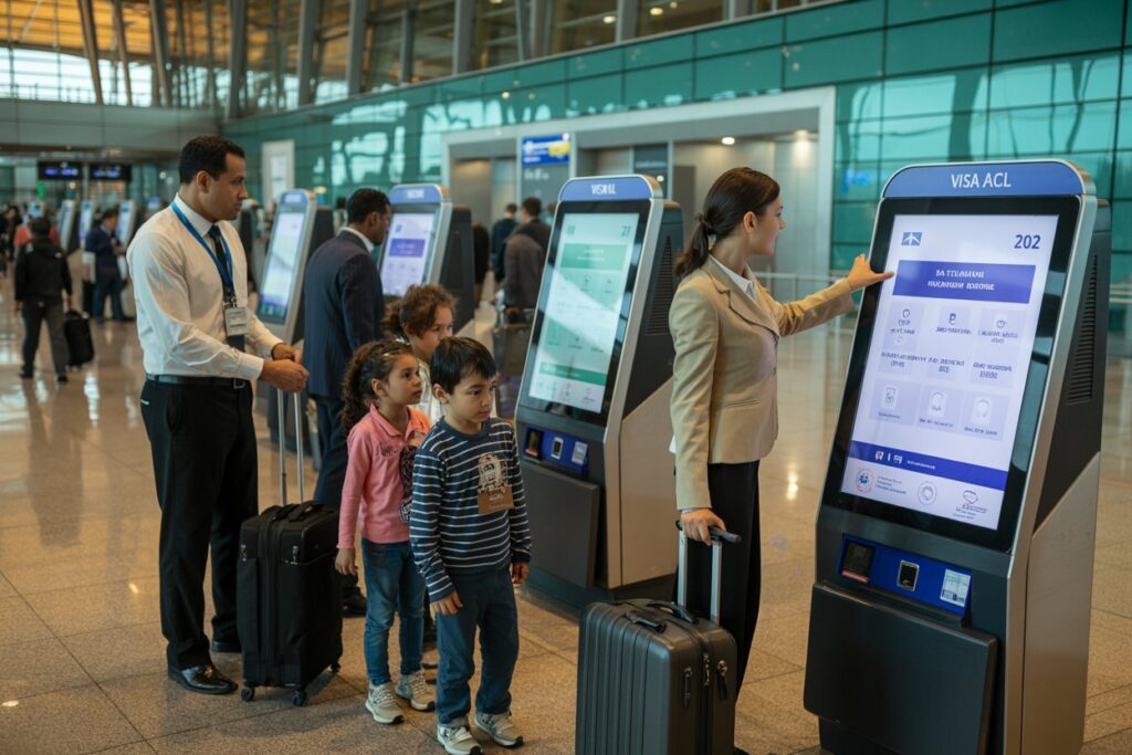 Airport self-service check-in kiosks; a woman in a beige blazer uses a touchscreen while pulling a carry-on nearby a family with luggage.