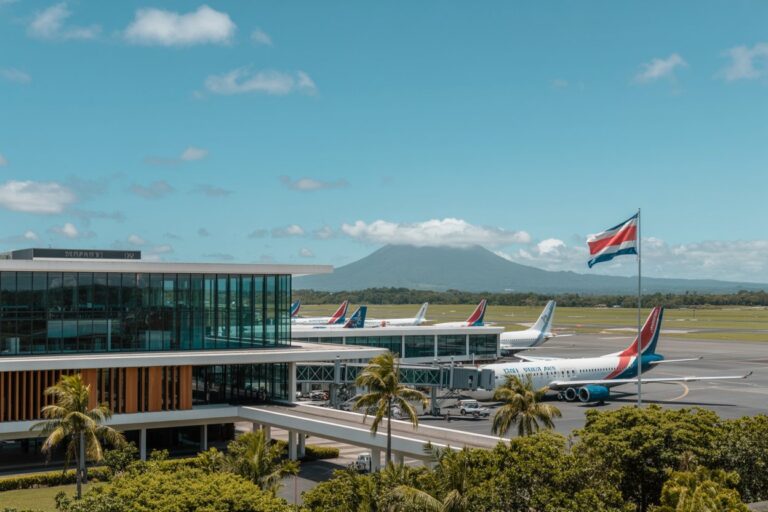 Airport terminal with glass façade and planes at gates; flagpole and distant volcano under a blue sky with palm trees nearby. 125 chars max alternative 1, concise and functional in context of travel site perhaps.