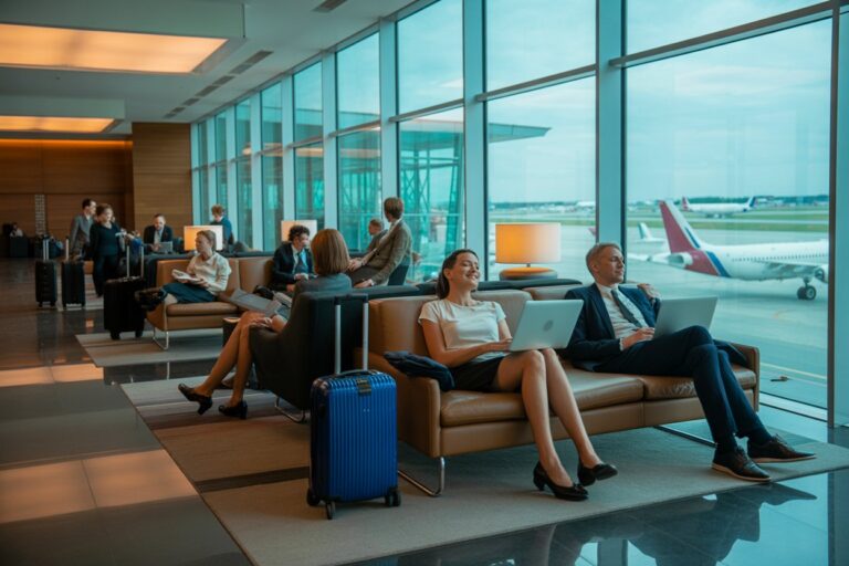 People sit on couches in an airport lounge near large windows, some using laptops while waiting for flights, with luggage nearby.