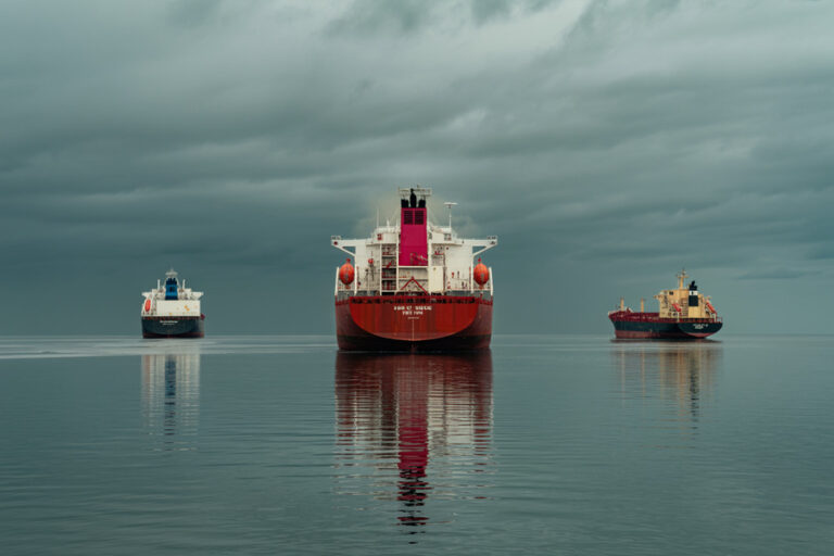 Three cargo ships on a calm sea beneath a cloudy sky, with a large red-and-white vessel in the center and two smaller nearby.