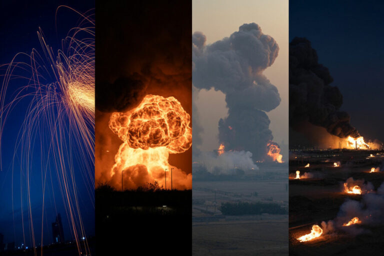 Composite image showing four scenes: fireworks on the left, a large fiery explosion, a tall smoke plume, and an industrial fire at night on the right.