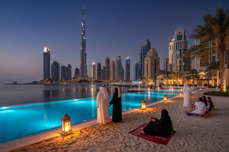 Nighttime Dubai skyline along a sandy beach with an illuminated pool and people strolling by the water.