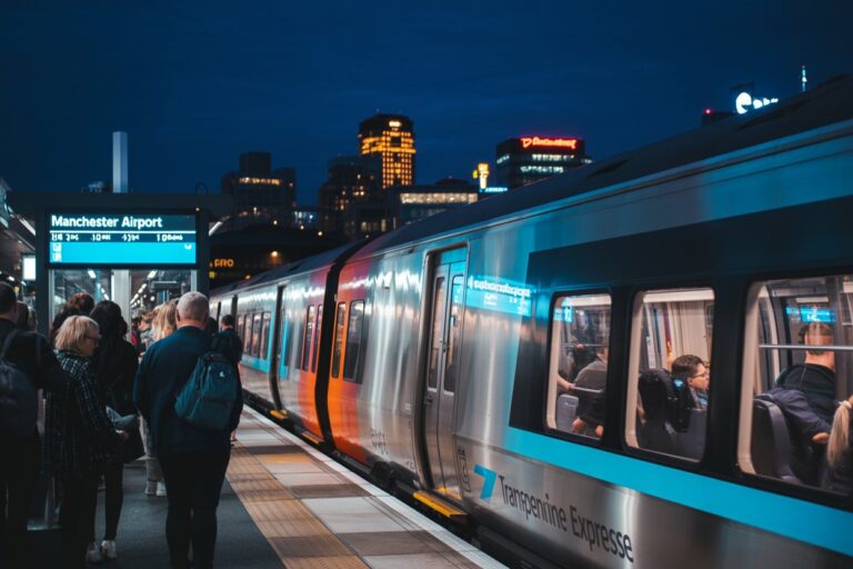 Nighttime train platform scene with a sleek TransPennine Express train at Manchester Airport, passengers waiting to board.