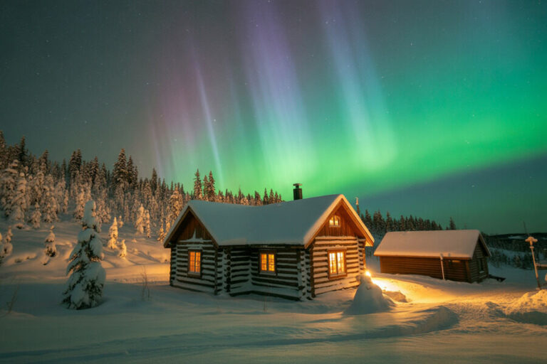 Snowy wooden cabin under colorful Northern Lights in a quiet winter night.