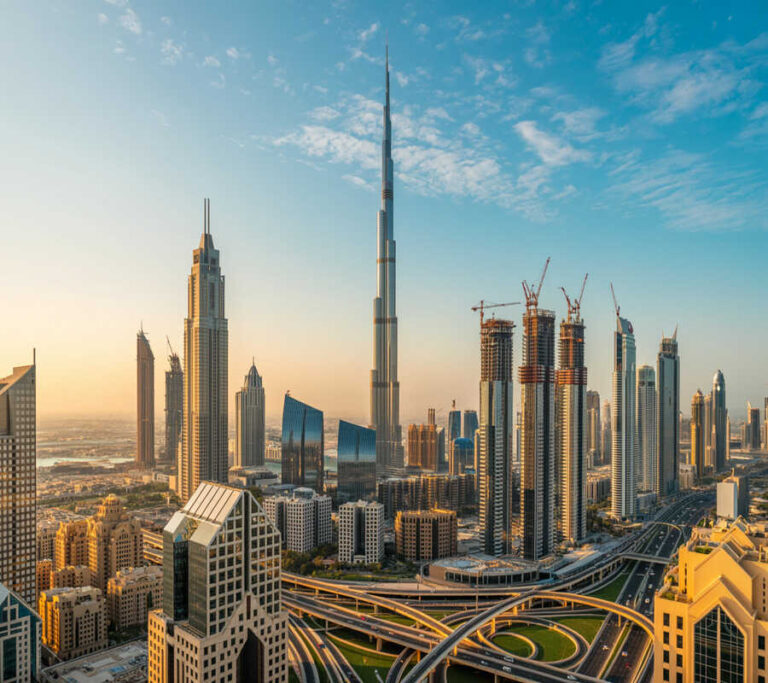 Dubai city skyline at sunset featuring tall skyscrapers and a complex highway interchange in the foreground