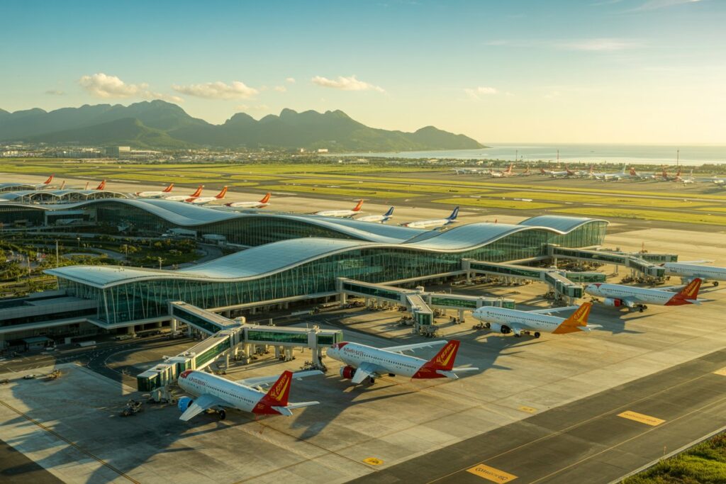 Aerial view of a modern airport terminal with curved glass roofs and several planes docked at gates, mountains in the distance.
