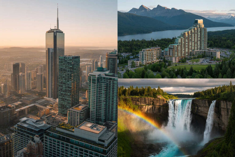 Collage showing a city skyline with tall skyscrapers at sunset, a mountain resort by a lake, and a rainbow over a waterfall.