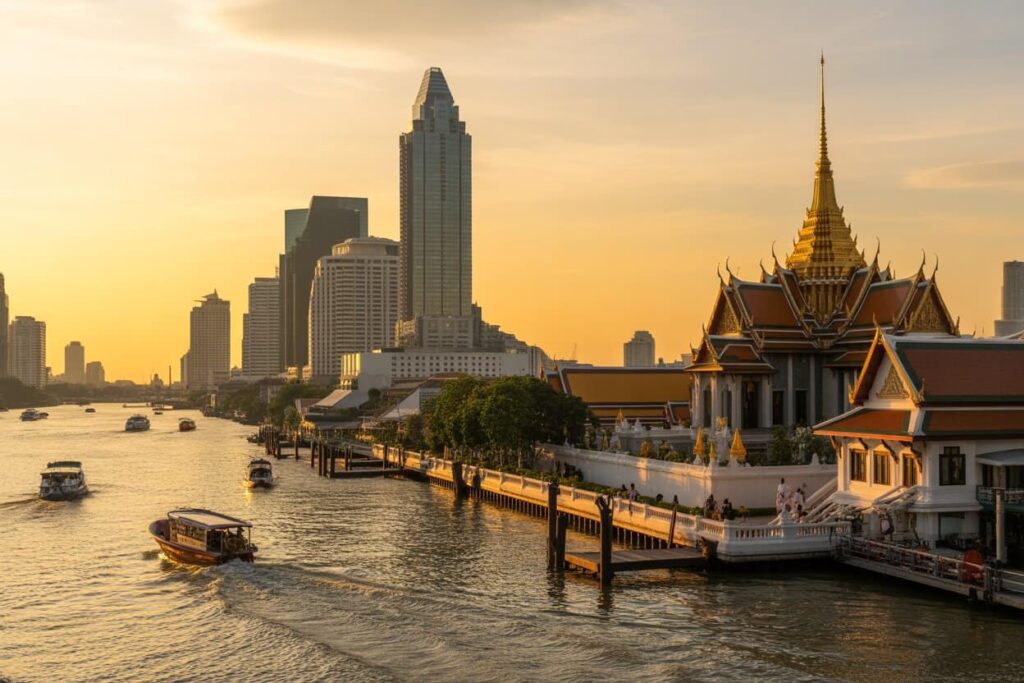 Sunset over the Chao Phraya River with a traditional Thai temple complex on the right and modern skyscrapers in the background.