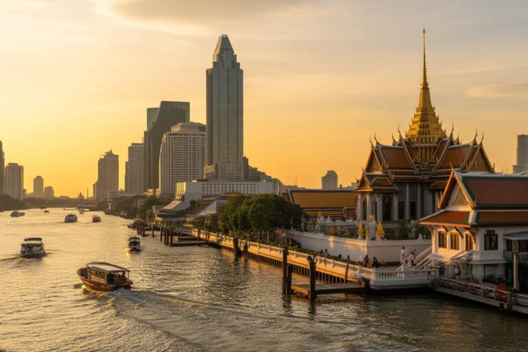 Sunset over the Chao Phraya River with a traditional Thai temple complex on the right and modern skyscrapers in the background.