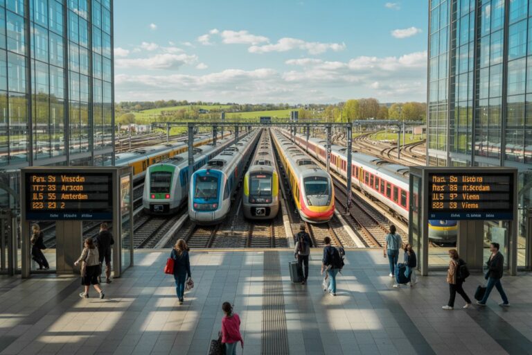 Passengers walk toward a row of trains at a modern glass-walled station on a sunny day, with green fields beyond the tracks.
