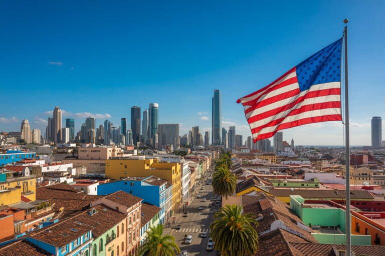 American flag on a tall pole overlooking a row of colorful houses with a modern city skyline in the background, under a blue sky.