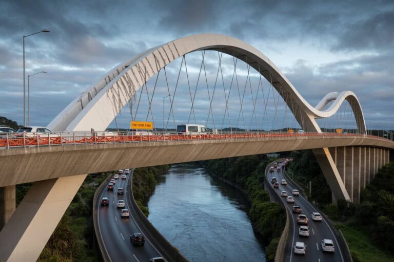 White sculptural arch bridge crossing a river, with traffic on winding lower highways beneath and a cloudy sky above.
