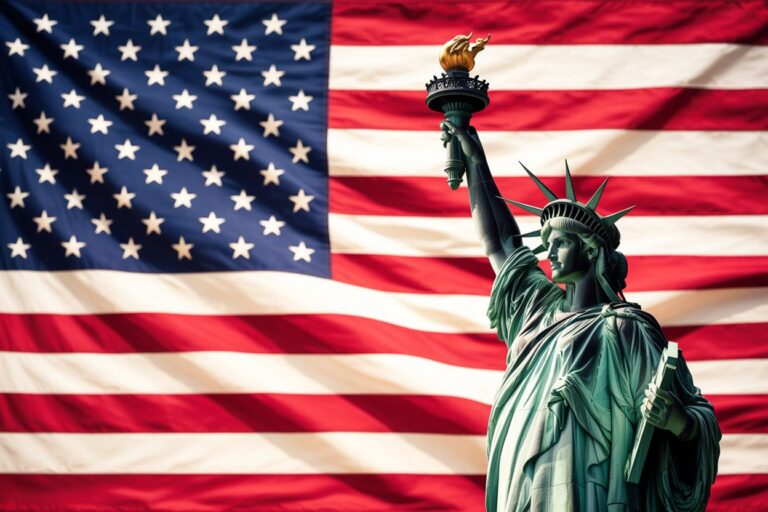 Statue of Liberty in front of a large American flag backdrop, torch raised high over the flag.