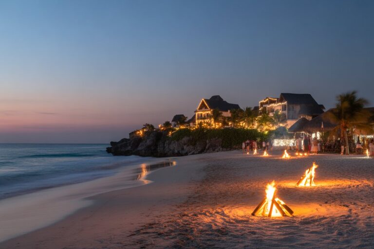 Beach at dusk with bonfires along the sandy shore and illuminated resort buildings in the background