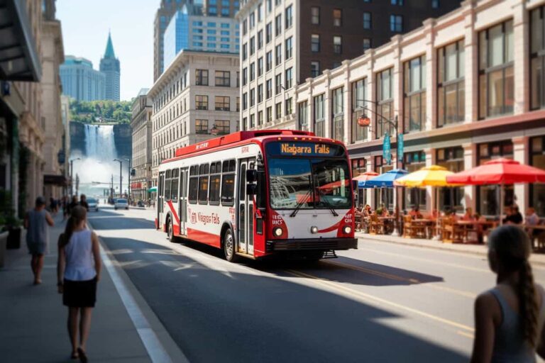 Red city bus labeled Niagara Falls travels down a busy urban street with storefronts and outdoor cafes on the right.