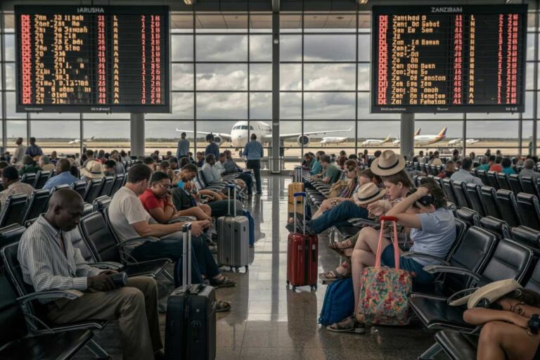 Crowded airport terminal with travelers seated and luggage, two large flight information boards overhead, and planes visible through the glass walls.