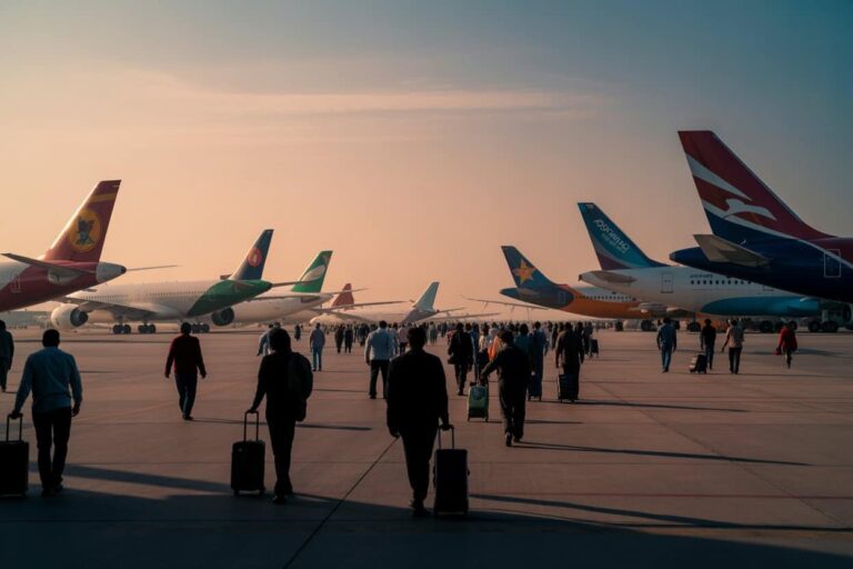 People walking with rolling suitcases on a sunlit airport tarmac with several parked airplanes in the background at sunset.