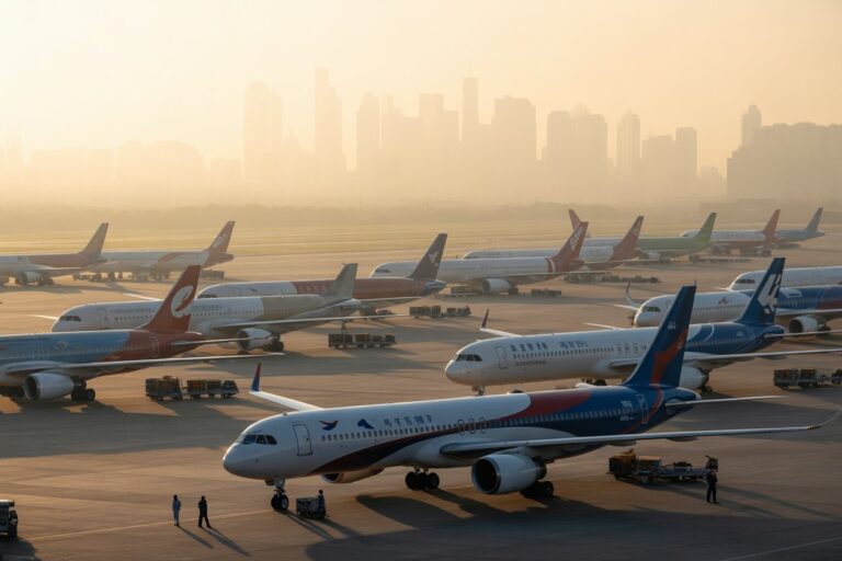 Fleet of airplanes parked on a sunlit airport tarmac with a hazy city skyline in the distance during golden hour.