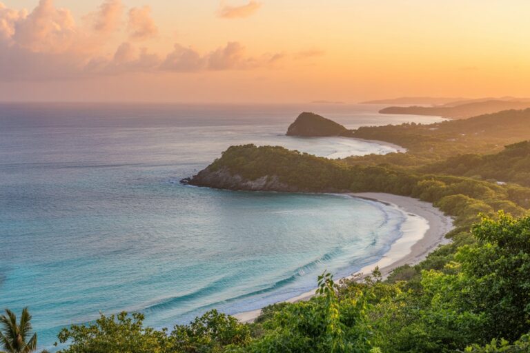 Sunset over turquoise bay with a sandy crescent beach tucked between green hills and calm waters.