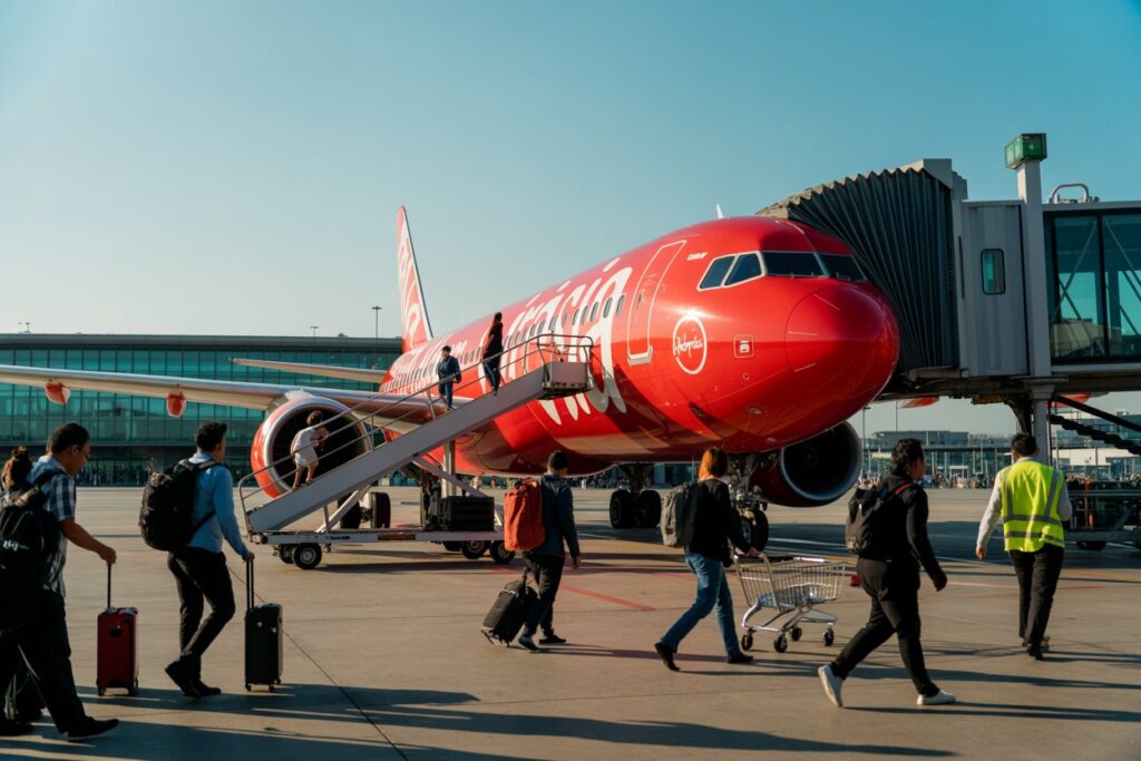 Red Virgin Atlantic airplane at a gate with passengers walking toward a mobile boarding stairway.