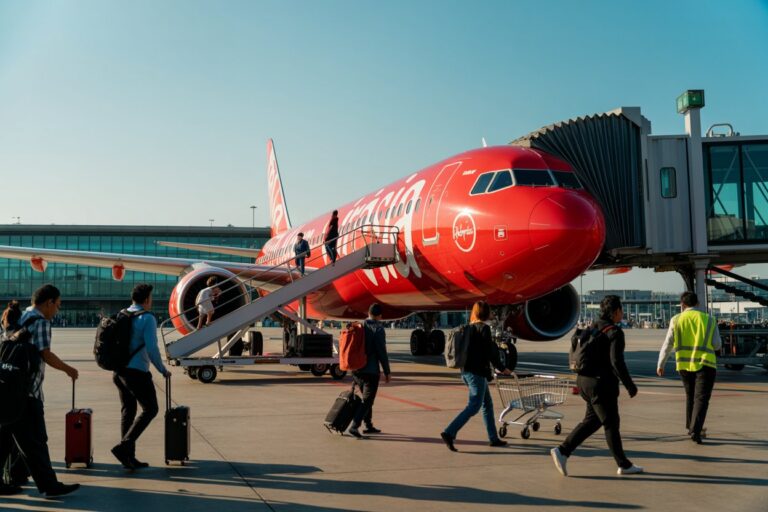 Red Virgin Atlantic airplane at a gate with passengers walking toward a mobile boarding stairway.