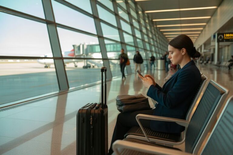 Woman in a dark blazer sits in an airport terminal, focused on her phone beside a rolling suitcase and a backpack along glass walls.