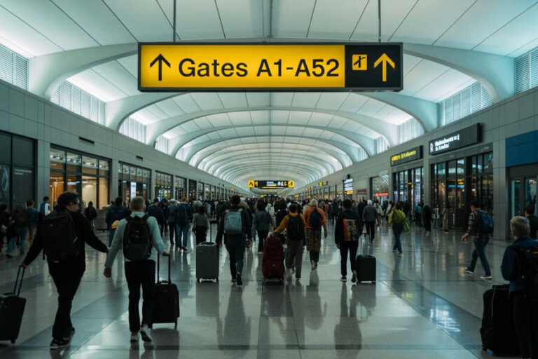 Busy airport terminal with travelers walking and pulling suitcases under a yellow Gates A1-A52 sign.