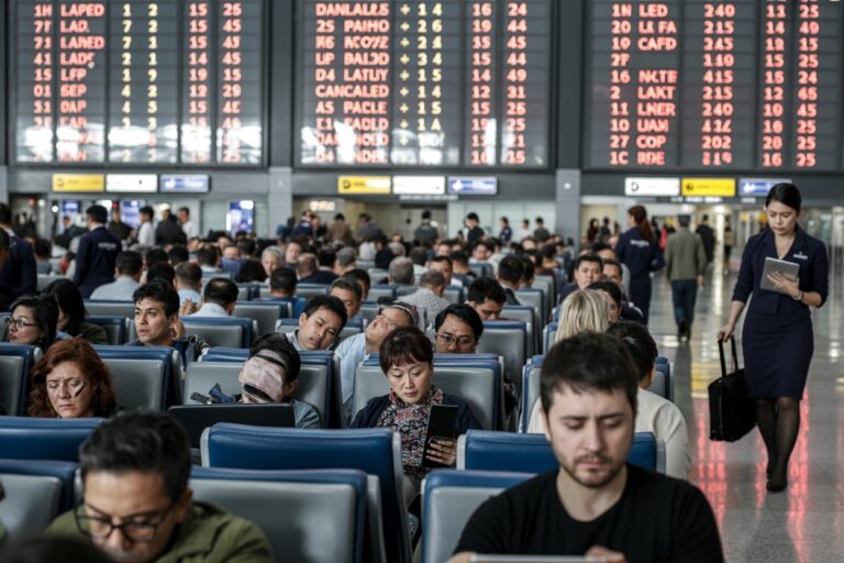 Busy airport seating area with travelers waiting and browsing devices under large flight boards overhead.