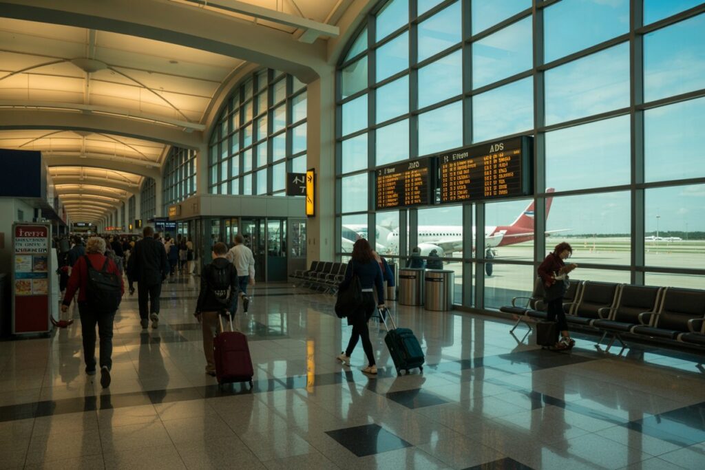 Airport terminal corridor with travelers pulling wheeled suitcases and a view of a parked airplane through large glass windows at the side.