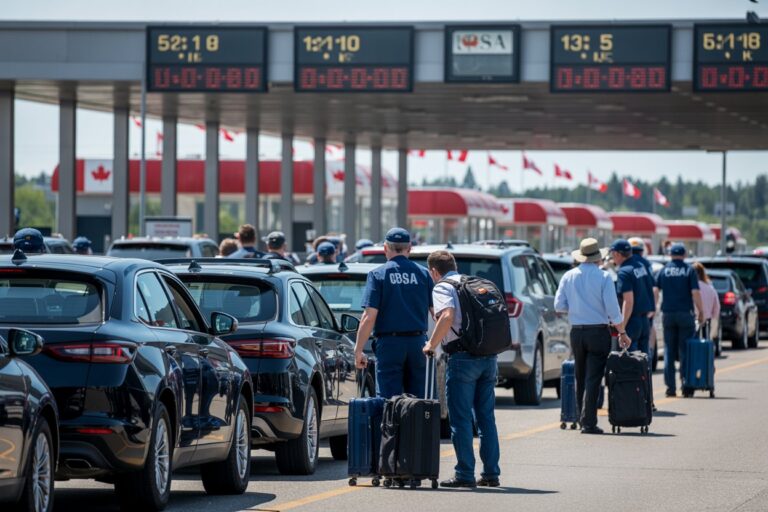 Travelers with rolling suitcases stand in a line of cars at a CBSA border checkpoint under digital overhead signs, Canada flags visible in the background.