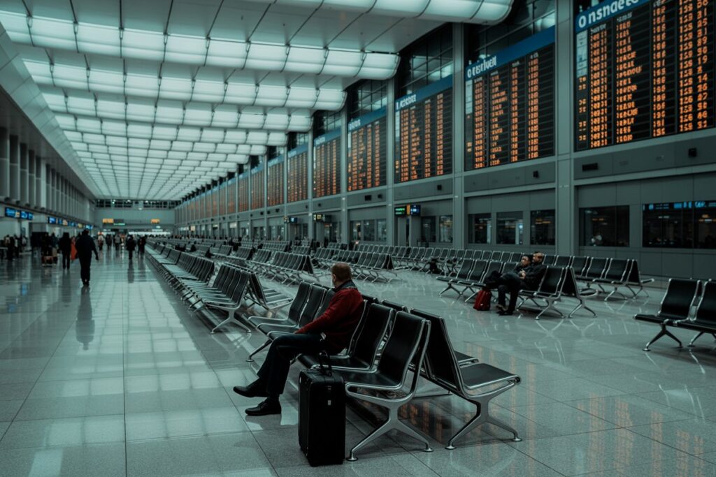 Airport departure hall with rows of metal seats, large digital boards displaying flight info along the wall, a man in red jacket seated with a suitcase nearby.