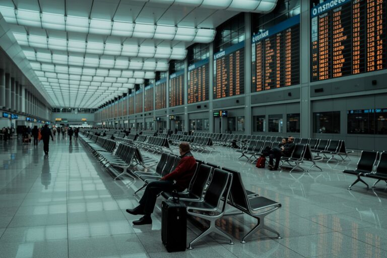 Airport departure hall with rows of metal seats, large digital boards displaying flight info along the wall, a man in red jacket seated with a suitcase nearby.