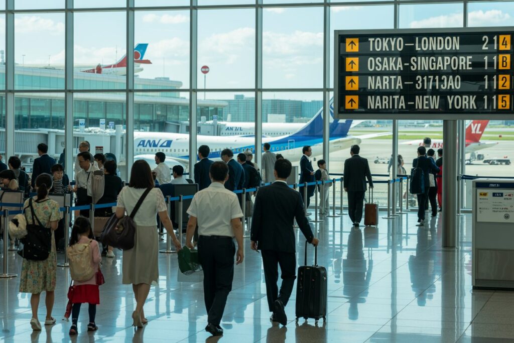 Busy airport terminal with travelers standing in line and bags, view of airplanes through large windows from the concourse.