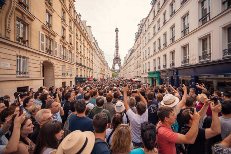 Crowd fills a Paris street with the Eiffel Tower visible far in the distance.