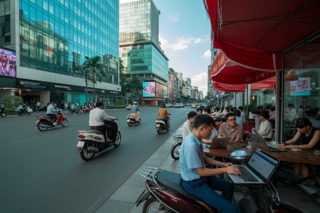 People working on laptops at an outdoor cafe along a busy city street with motorbikes passing by on the road nearby.