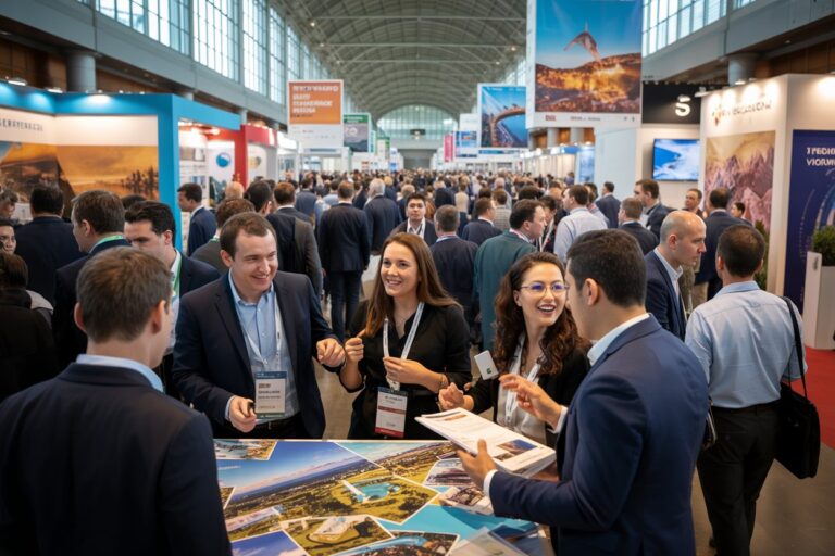Professionals chat at a travel expo booth, examining brochures and a large collage of aerial photos on the table amid a crowded conference hall.