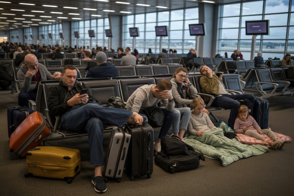 Travelers in an airport terminal sit among luggage; some rest on blankets with kids nearby by large windows.