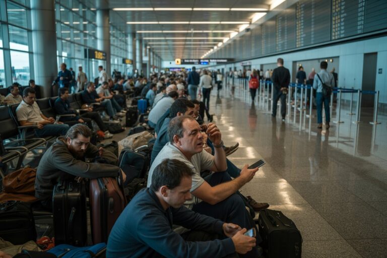 Passengers seated in an airport concourse with rolling suitcases and bags nearby in a bright terminal.