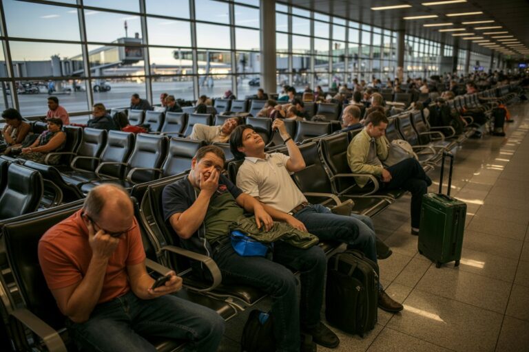 Airport terminal gate area with rows of seats; travelers rest and use phones, with rolling suitcases nearby.