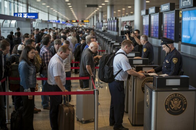 Crowded airport security line with travelers waiting and officers at scanners in the foreground.