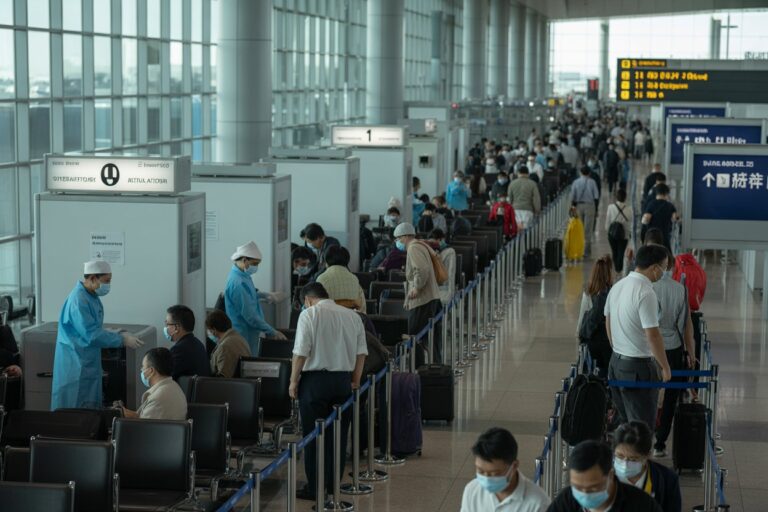 Crowded airport security area with travelers wearing masks and staff guiding lines toward screening machines.