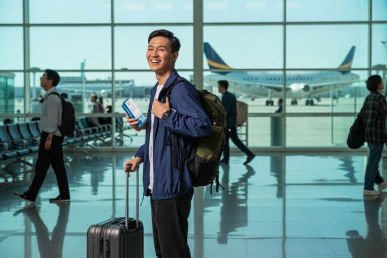 Young man with backpack and rolling suitcase at the airport, holding a passport and boarding pass, smiling.