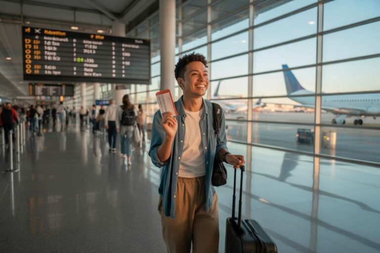 Smiling man at an airport holding a boarding pass with a suitcase beside him, behind a glass wall and airplanes on the tarmac.