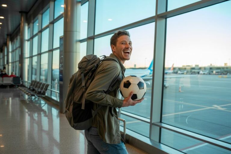 Cheerful traveler with backpack holding a soccer ball in an airport terminal by large windows.