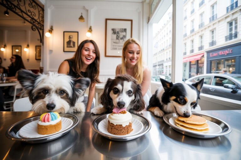 Three dogs at a cafe counter with desserts, as two women smile in the background behind them.