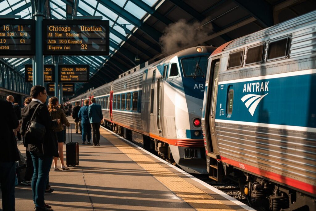 Platform at a busy train station with passengers waiting beside a blue-and-silver Amtrak train, signboards overhead reading 'Chicago' and stations in the distance, glass atrium roof visible above.