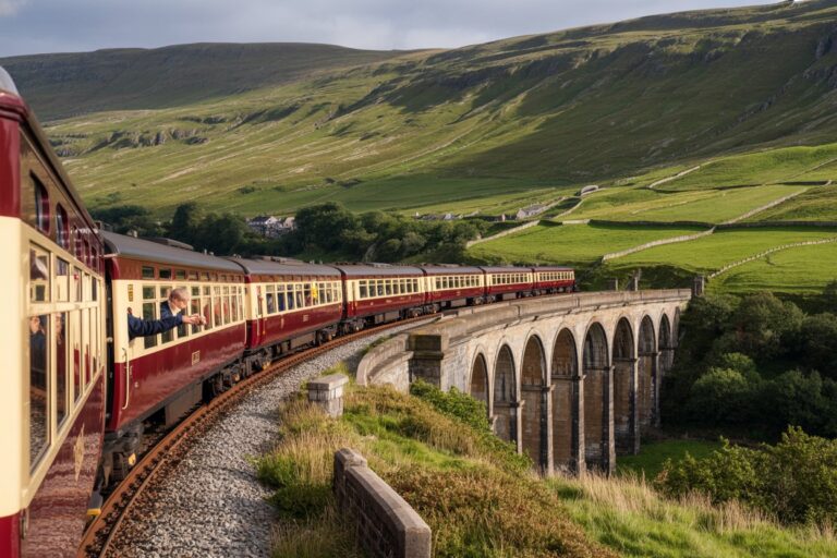 Red passenger train winds across a stone arch viaduct over a green valley in the countryside.