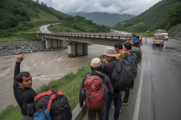 Group of hikers with large backpacks standing along a wet mountain road beside a concrete bridge over a muddy river, green hills in the background, cloudy sky nearby.