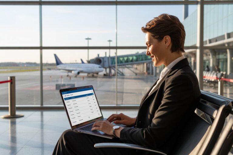 Business traveler in a black suit typing on a laptop at the airport gate, with airplanes outside the windows.